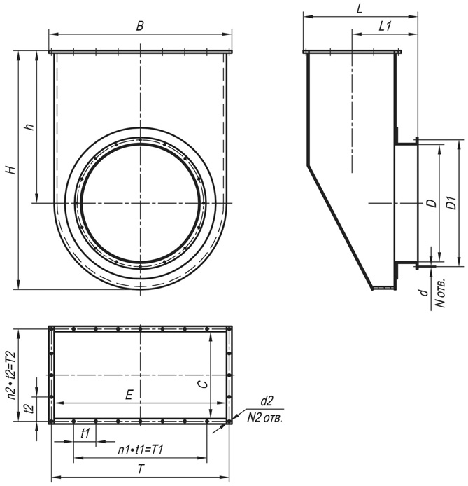 Габаритные и присоединительные размеры карманов всасывающих для тягодутьевых машин №6,3-21